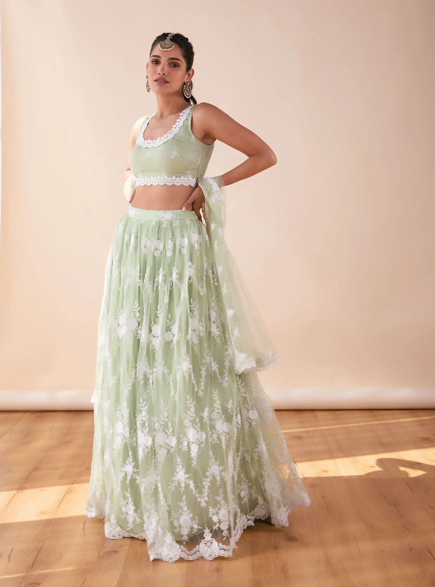 Mulmul Almora Green Net Lehenga