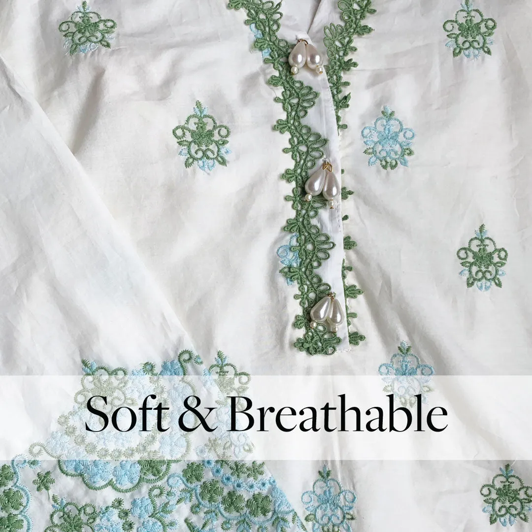 Mulmul Cotton Aviana White Kurta With Aviana White Pant