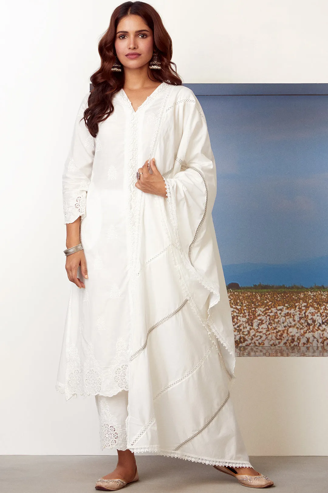 Mulmul Cotton Oracle White Kurta With Oracle White Palazzo