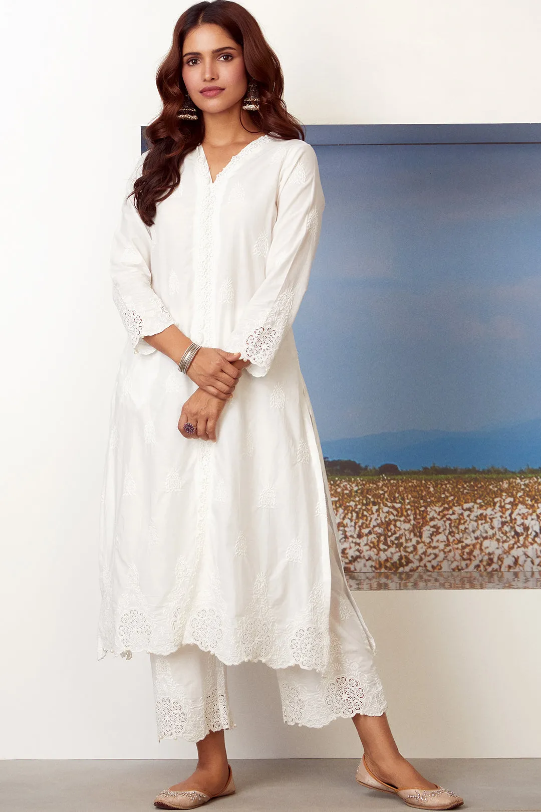Mulmul Cotton Oracle White Kurta With Oracle White Palazzo