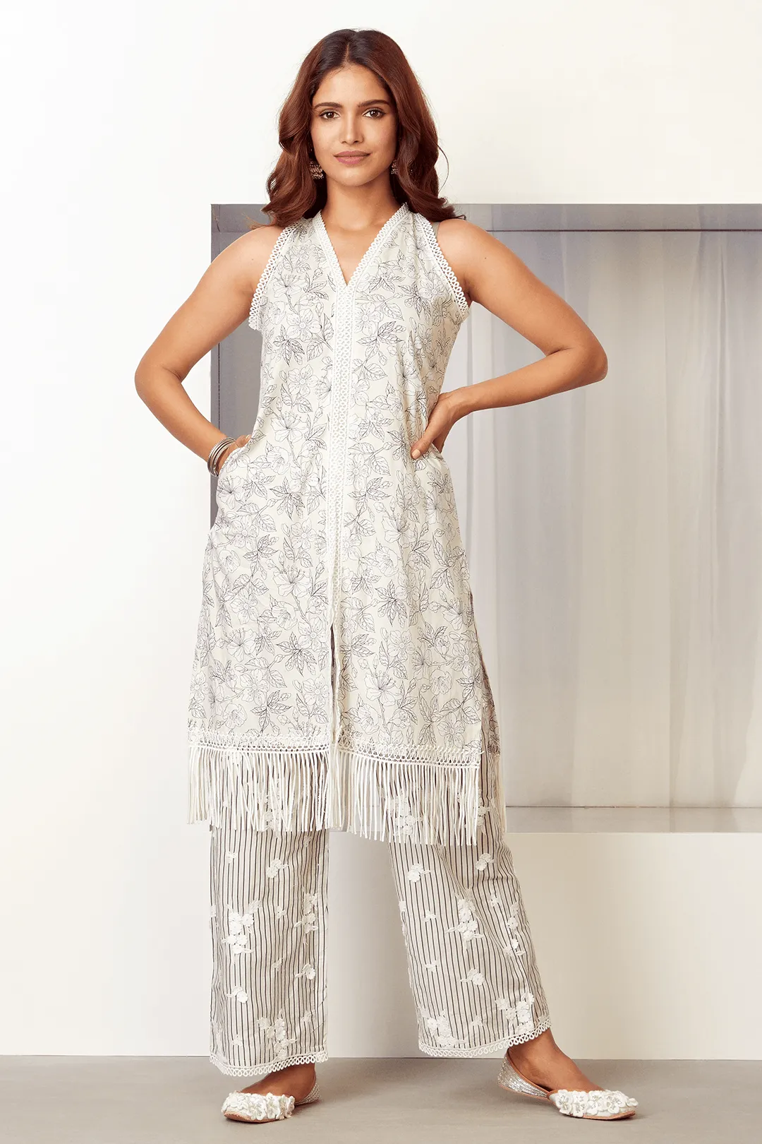 Mulmul Cotton Salone kurta Off White With Salone Palazzo Off White