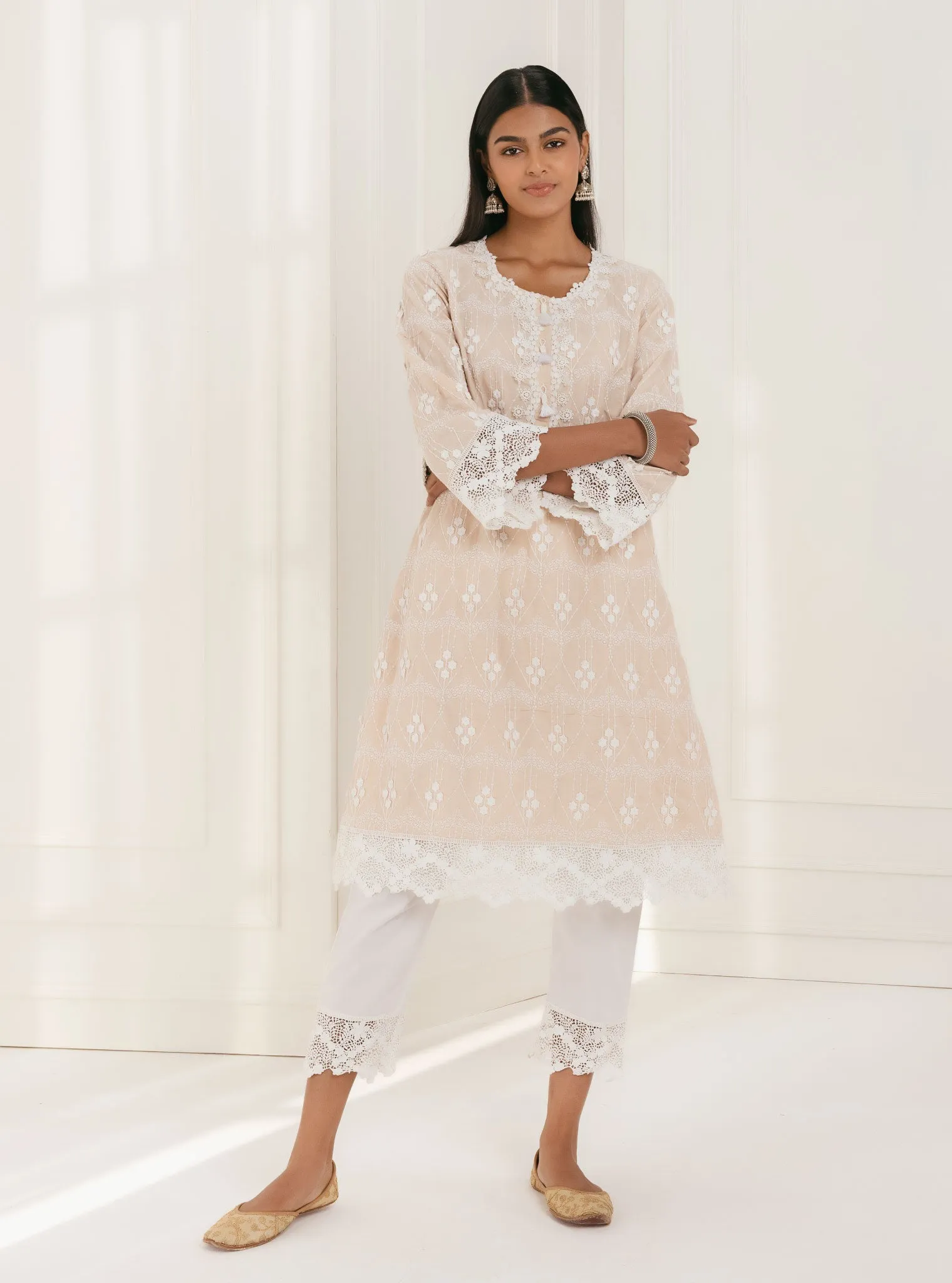Mulmul Cotton Tirchy Beige Kurta