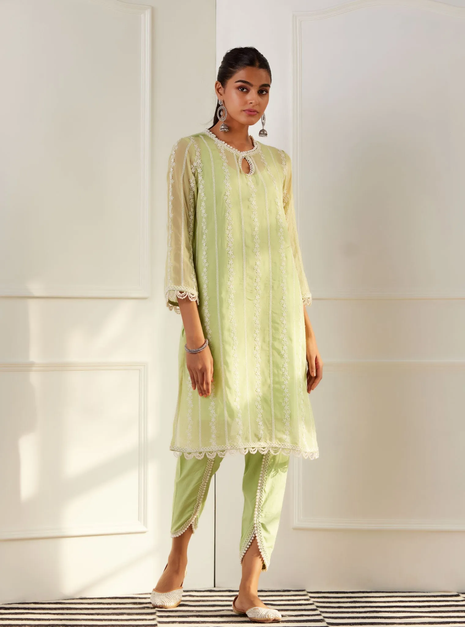 Mulmul Organza Zella Green Kurta With Cotton Zella Green Pant