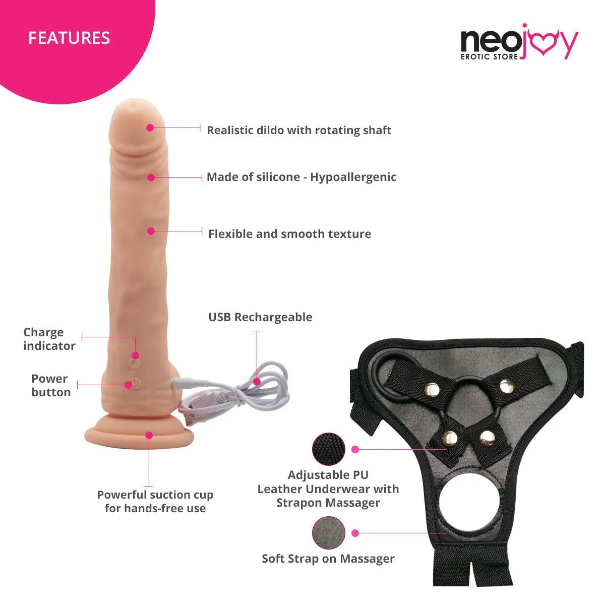 Neojoy - Biggy Vibrating Dildo With Strap-On Dong Harness - Flesh - 23cm - 9.1 inch