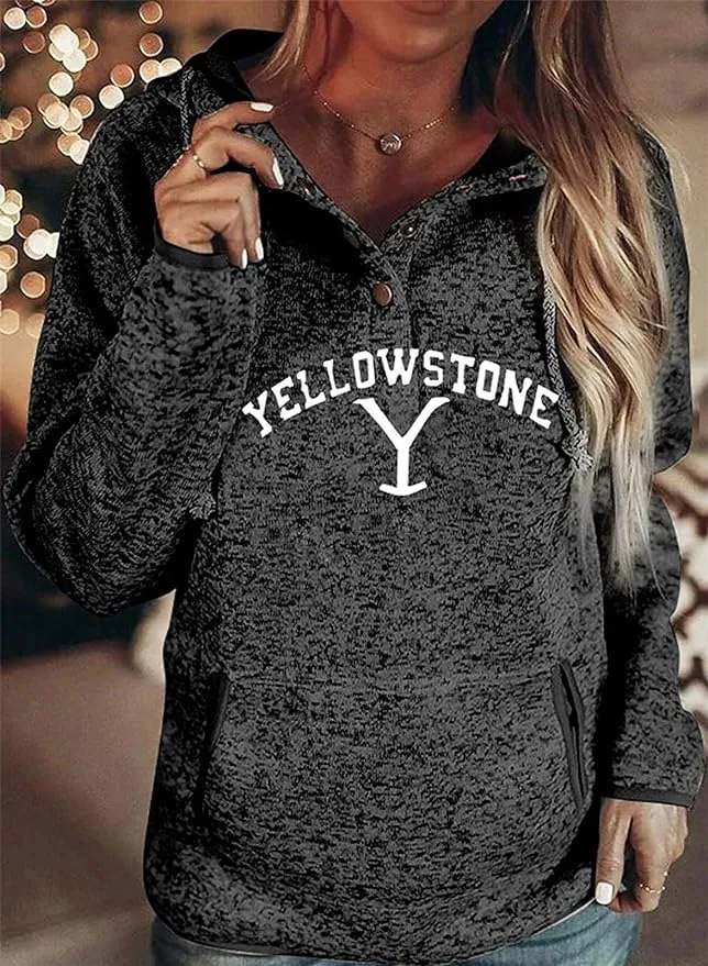 New Womens Long Sleeve Casual Pullover Drawstring Hoodie with Pocket Yellowstone Graphic Print Grey/Black Sz L!