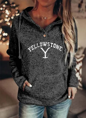 New Womens Long Sleeve Casual Pullover Drawstring Hoodie with Pocket Yellowstone Graphic Print Grey/Black Sz L!