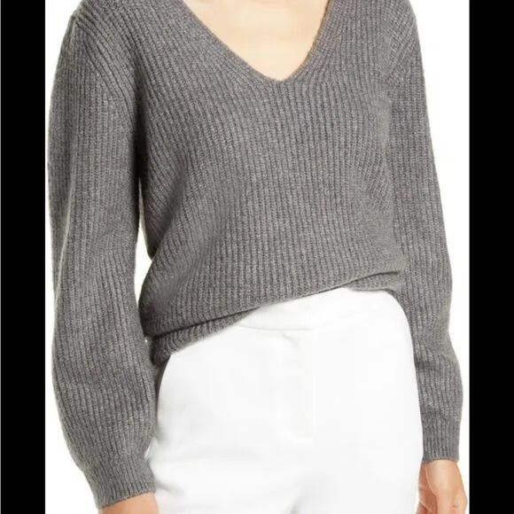 💼NWT Halogen Super Soft Balloon Sleeve Sweater Vneck Heather Gray Size XL