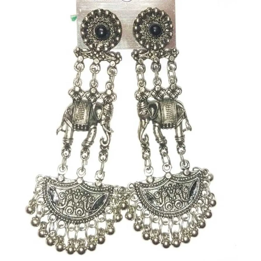 Oxidised Silver Antique Elephant Dangle Earrings