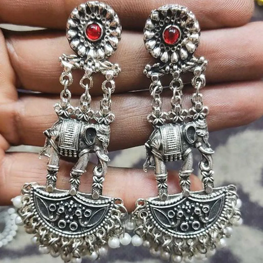 Oxidised Silver Antique Elephant Dangle Earrings