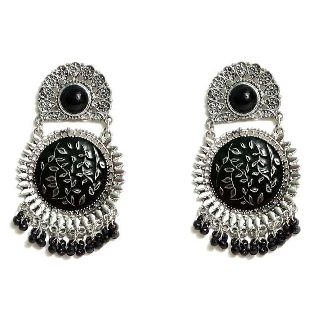 Oxidised Silver Black Beads Chandbali Earrings