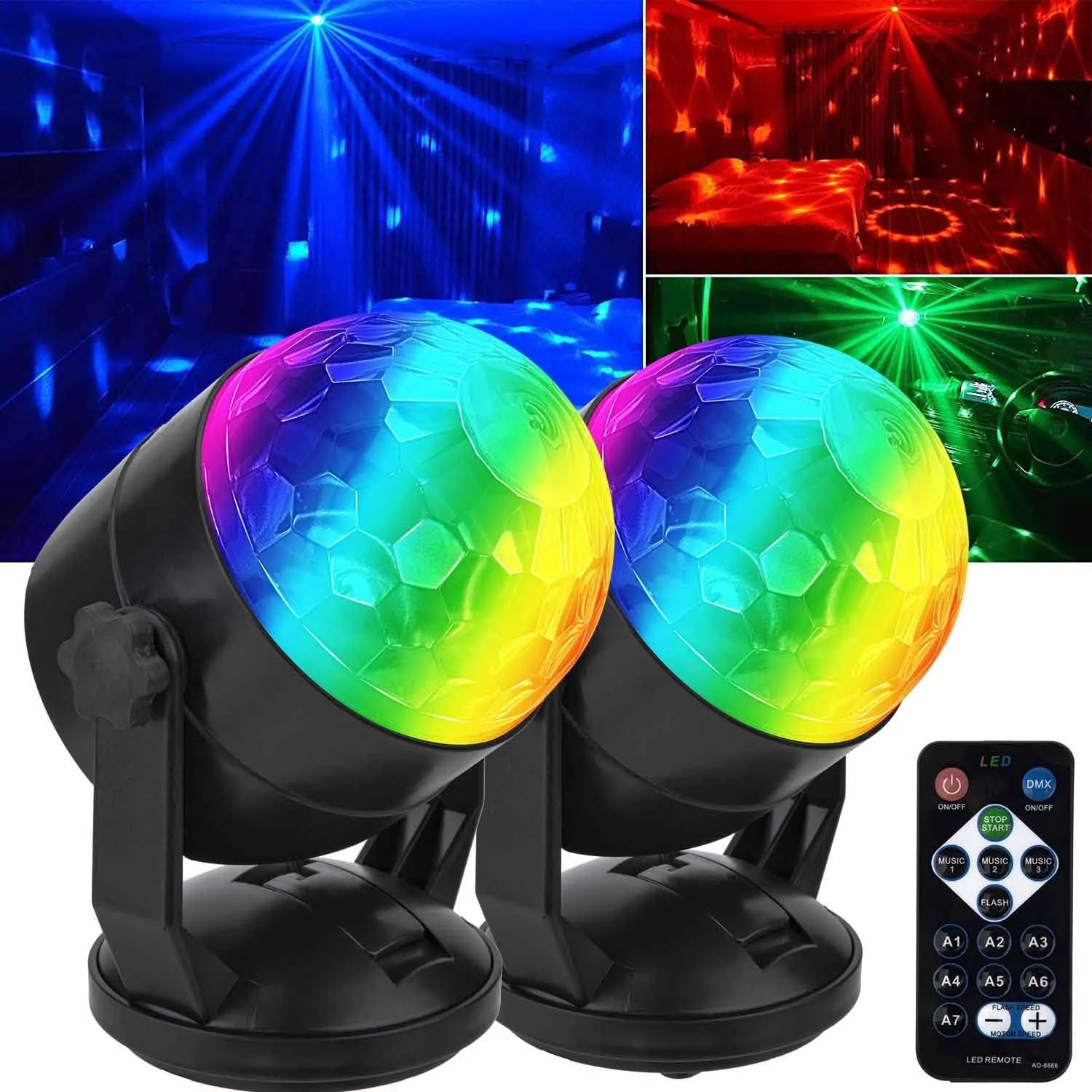 Portable Sound Activated Party Lights, USB Plug in, RBG Disco Ball, Remote Control Battery Powered [Pack of 2] - new but open scruffy box, on/off switch wrong way round on is off