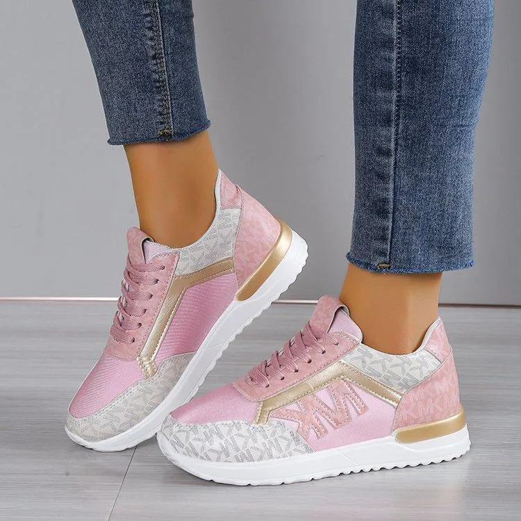 Printing Lace Up Round Toe Color Matching Running Shoes