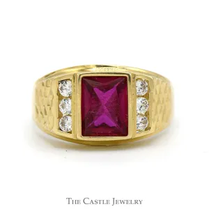 Rectangle Shaped Synthetic Ruby Ring with Channel Set Cubic Zirconia Sides in 14k Yellow Gold