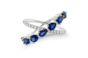 Ring 18kt Gold Pear Sapphires & Diamonds Criss-Cross