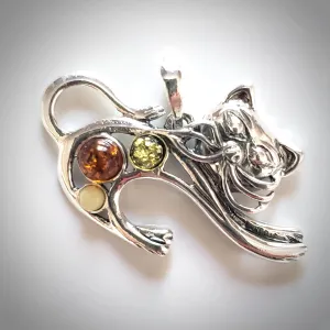 Running Silver Cat Pendant with Multicolor Natural Amber