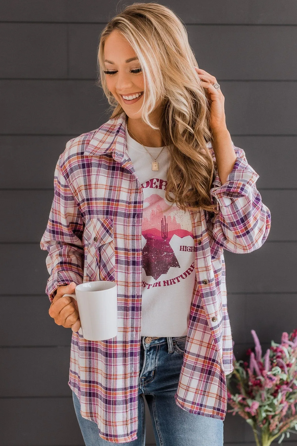 Running To You Plaid Button Top- Cream & Magenta