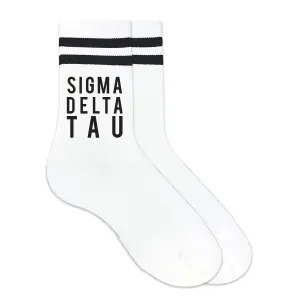 Sigma Delta Tau Black Writing Striped Crew Socks