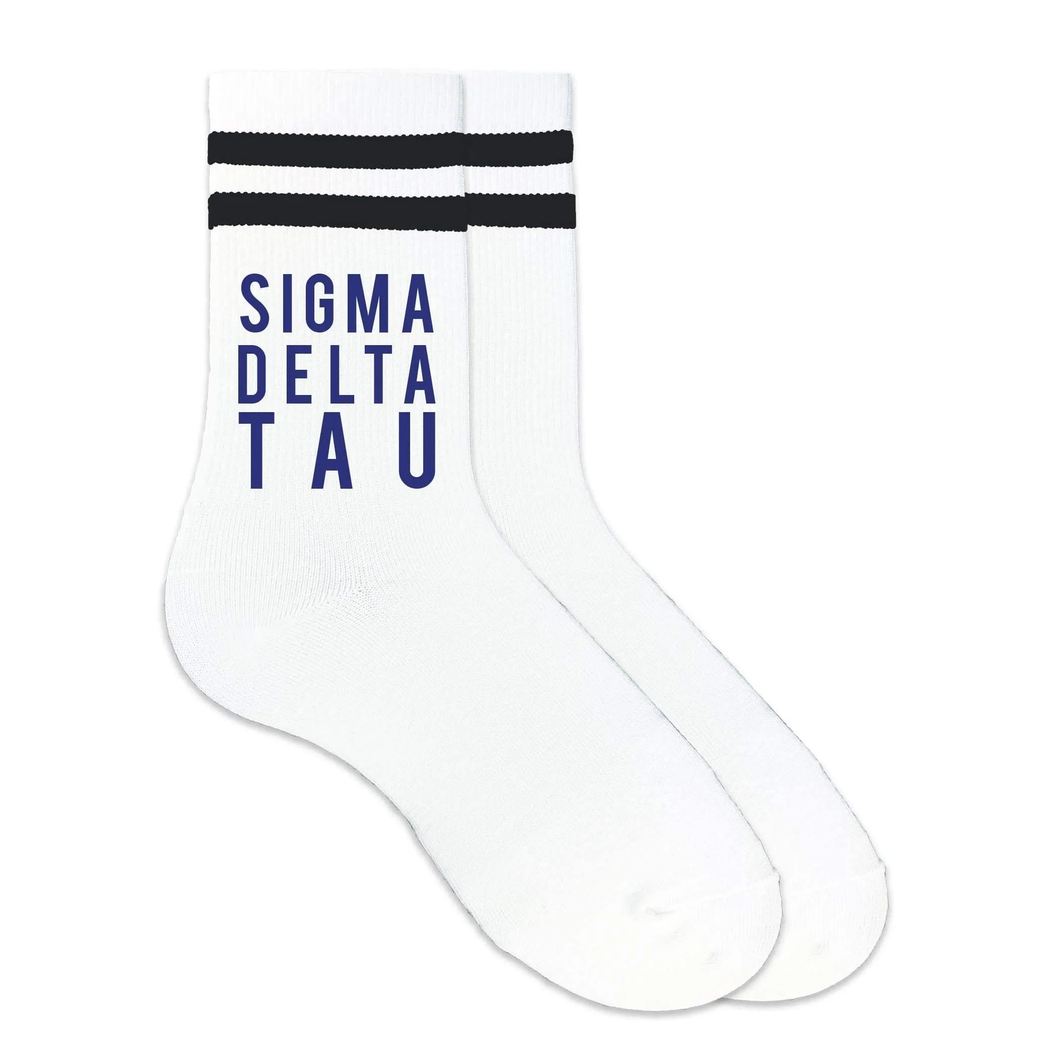Sigma Delta Tau in Sorority Color on Striped Crew Socks