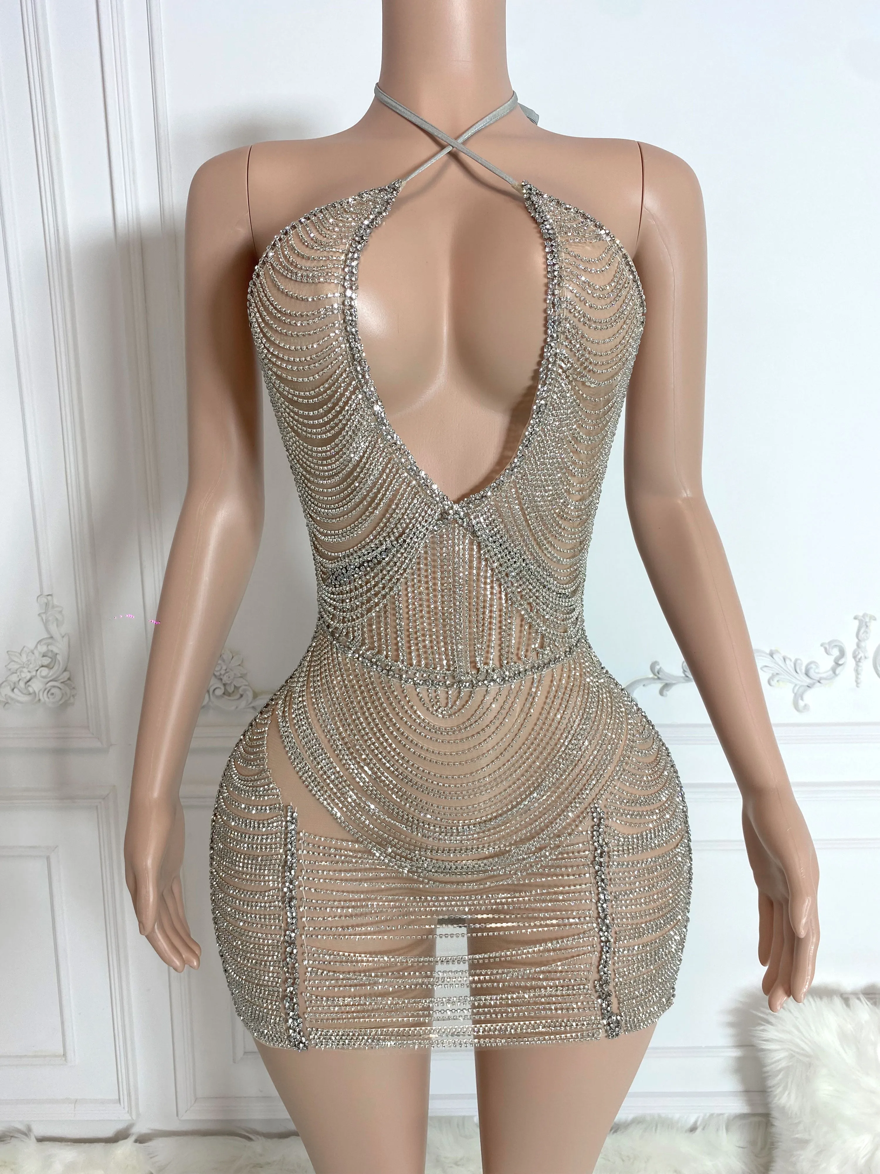 Silver Diamond Chains and Hollow Out Sleeveless Mini Dress