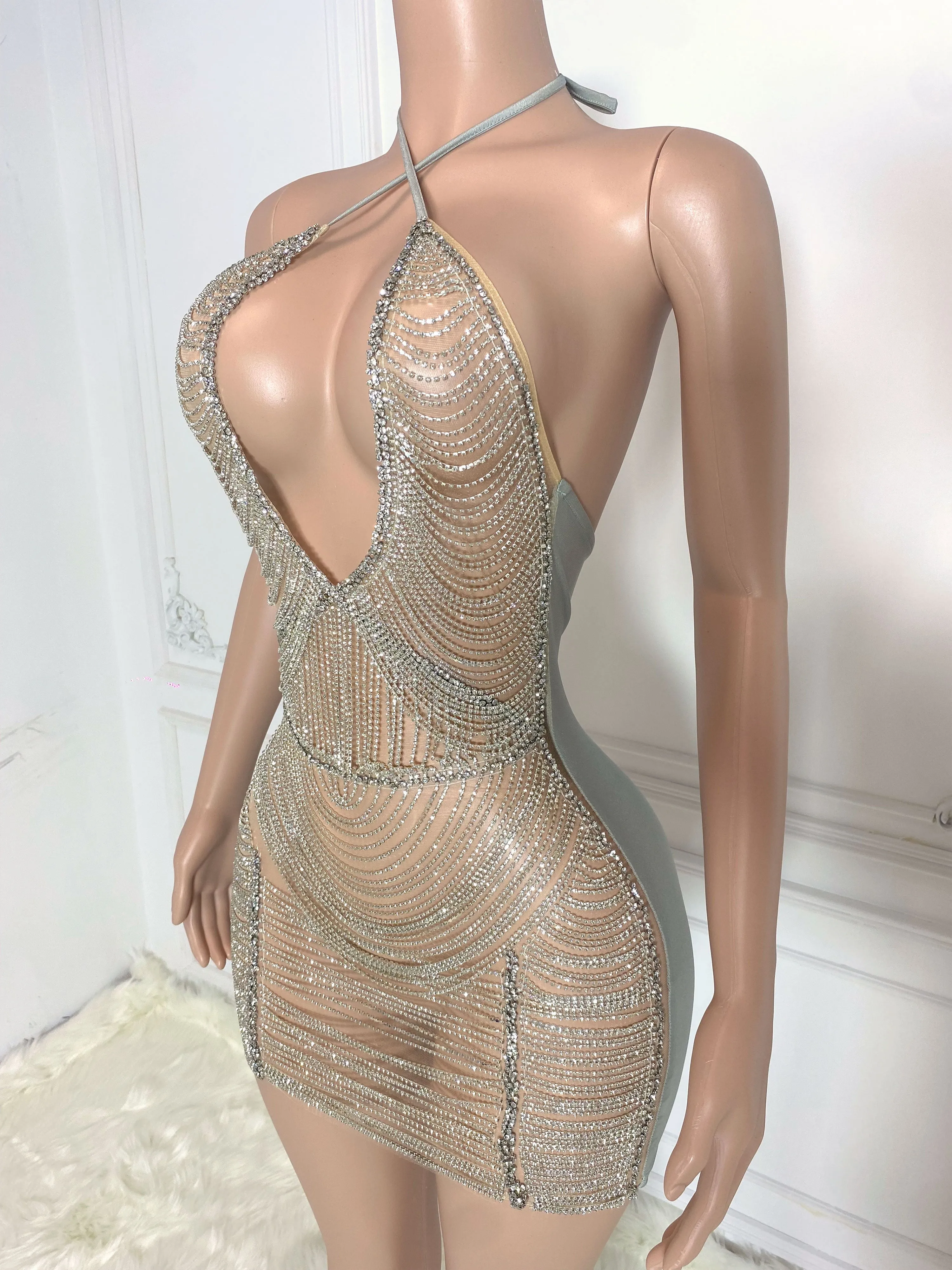 Silver Diamond Chains and Hollow Out Sleeveless Mini Dress