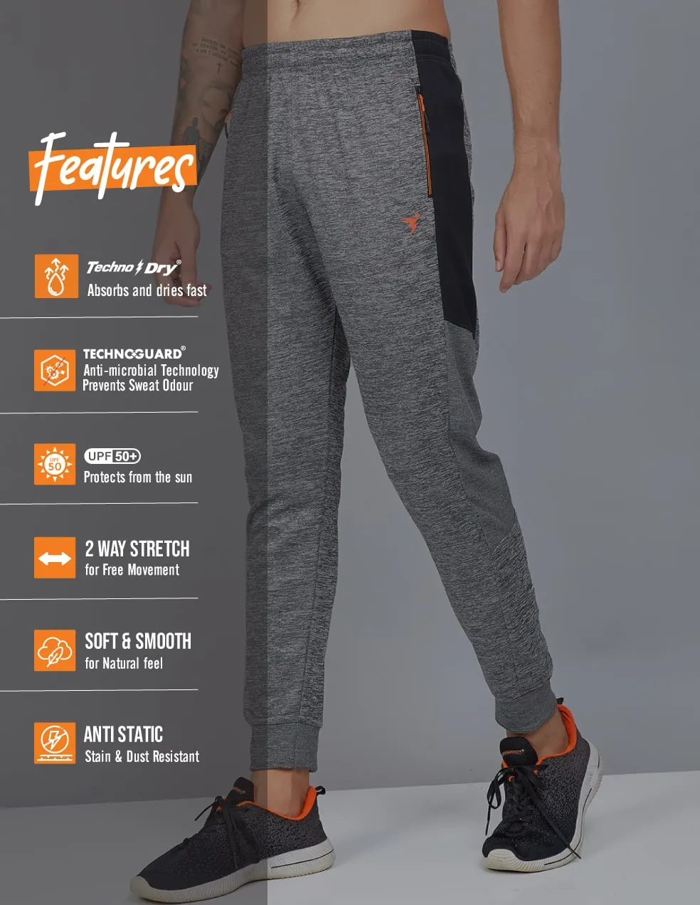 Technosport Men's Self Design Melange Active Quick Dry Running Joggers