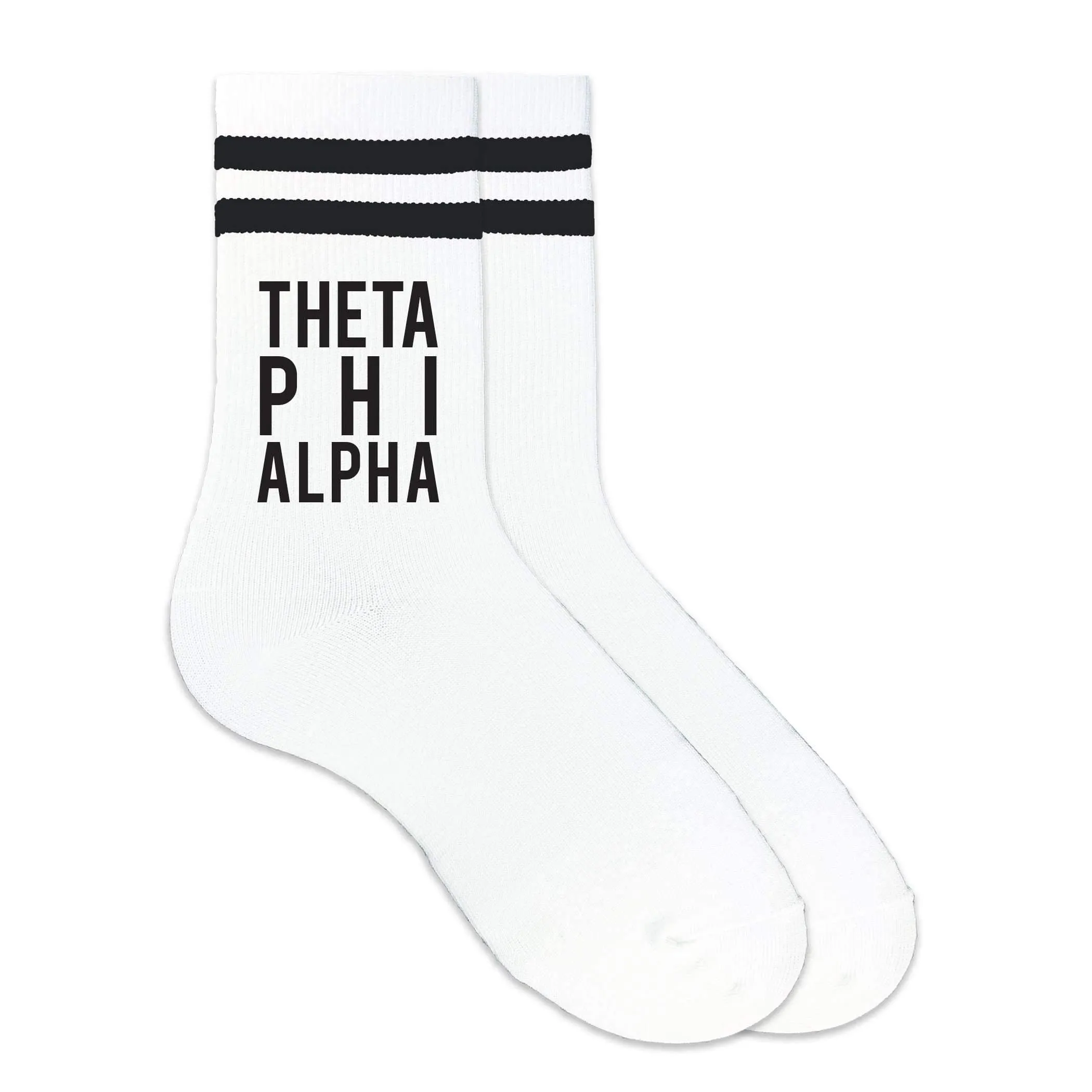 Theta Phi Alpha Black Writing Striped Crew Socks