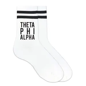 Theta Phi Alpha Black Writing Striped Crew Socks