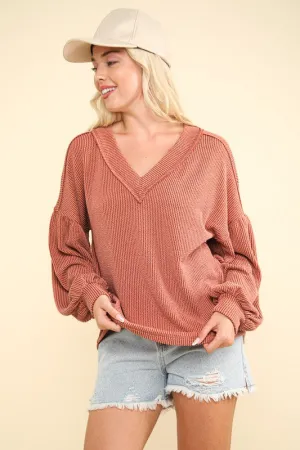 Two Tone Ribbed V-Neck Exposed Seam Top