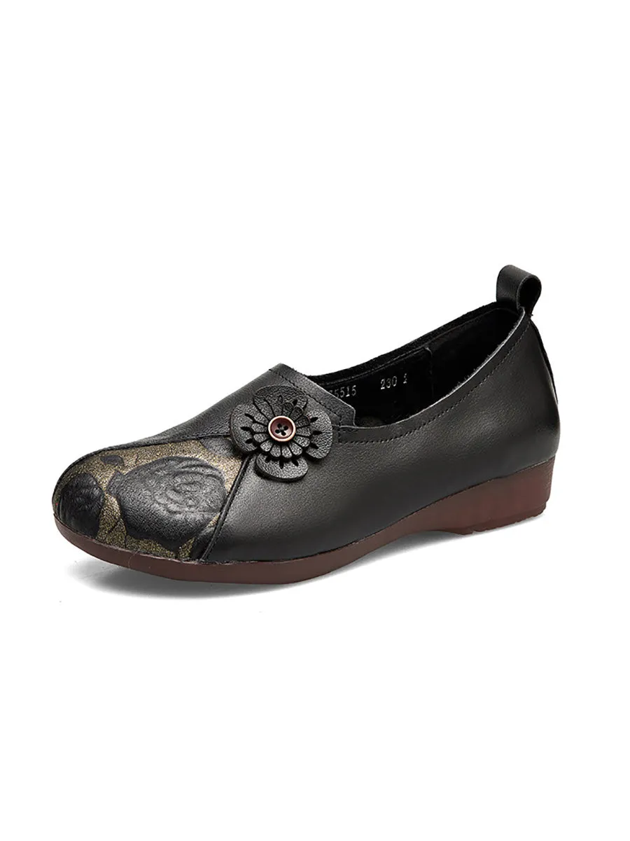 Women Retro Flower Leather Spliced Low Heel Shoes