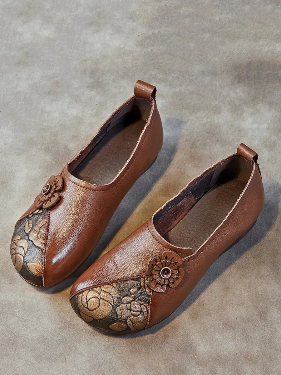 Women Retro Flower Leather Spliced Low Heel Shoes