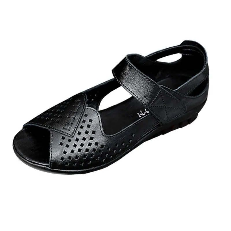 Women Summer Casual Genuine Leather Hollow Out Soft Sole Flat Sandals
