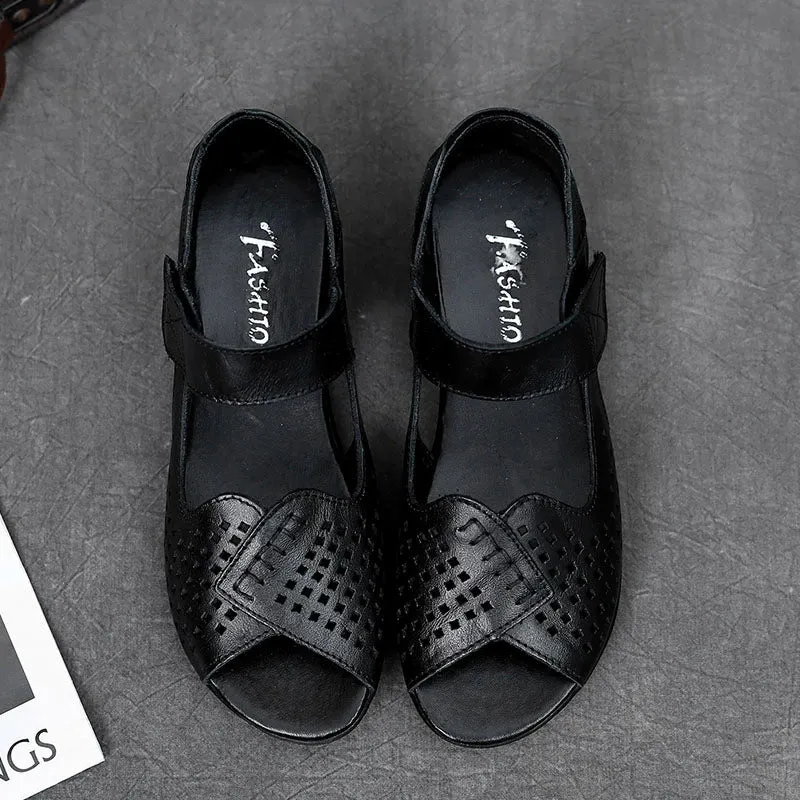 Women Summer Casual Genuine Leather Hollow Out Soft Sole Flat Sandals