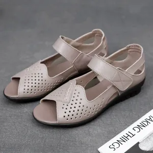 Women Summer Casual Genuine Leather Hollow Out Soft Sole Flat Sandals
