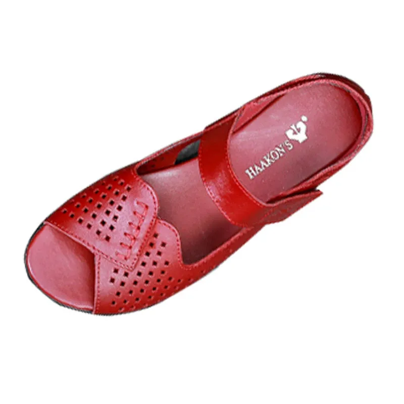 Women Summer Casual Genuine Leather Hollow Out Soft Sole Flat Sandals