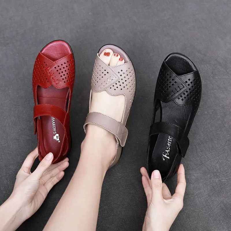 Women Summer Casual Genuine Leather Hollow Out Soft Sole Flat Sandals