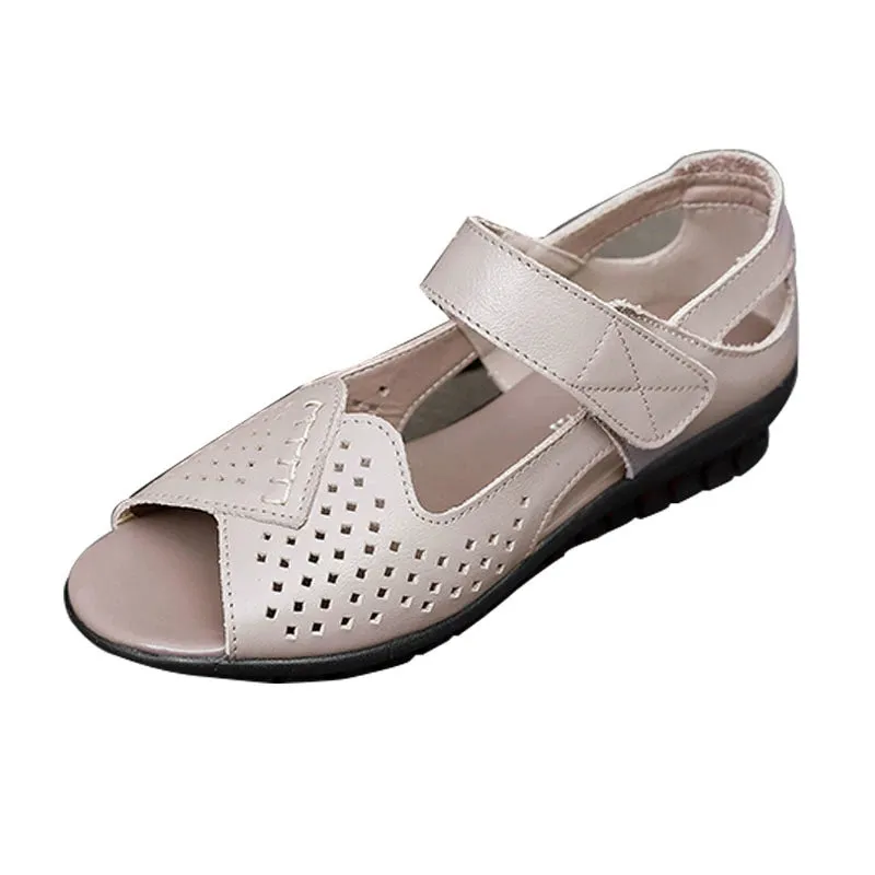 Women Summer Casual Genuine Leather Hollow Out Soft Sole Flat Sandals