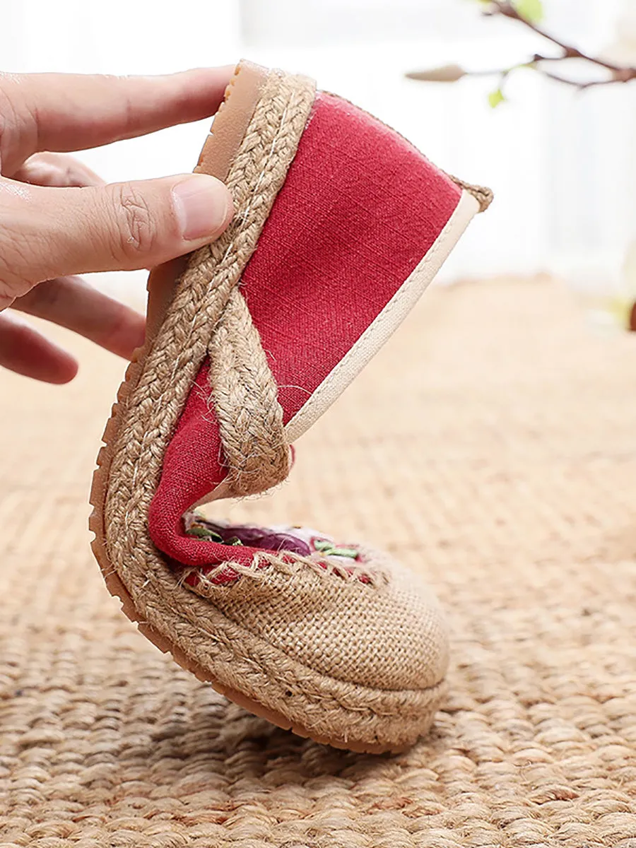 Women Summer Ethnic Ribbon Flower Cloth Flat Shoes