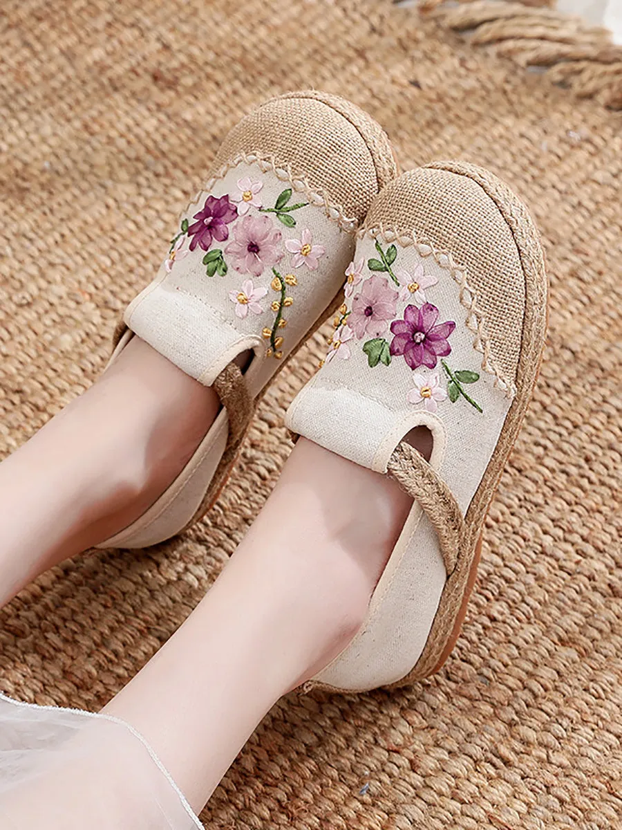 Women Summer Ethnic Ribbon Flower Cloth Flat Shoes