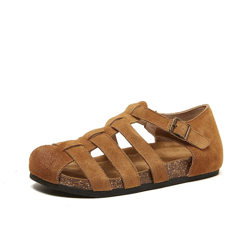 Women Summer Retro Closed Toe Leather Soft Sole Sandals
