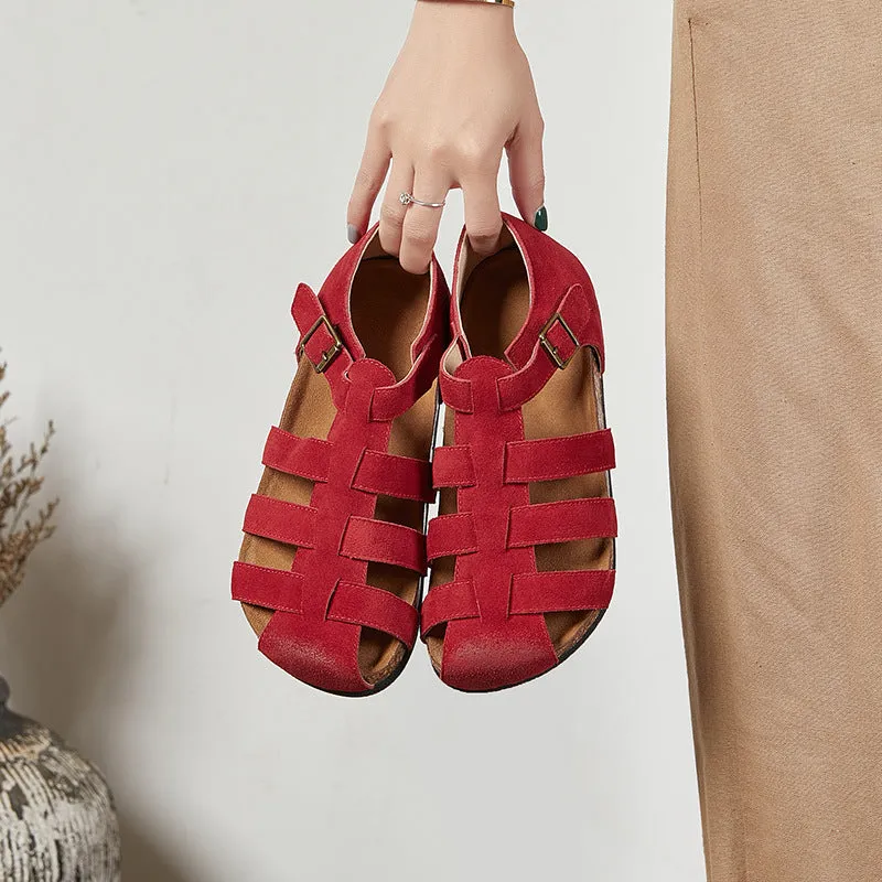 Women Summer Retro Closed Toe Leather Soft Sole Sandals