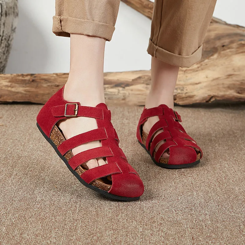 Women Summer Retro Closed Toe Leather Soft Sole Sandals