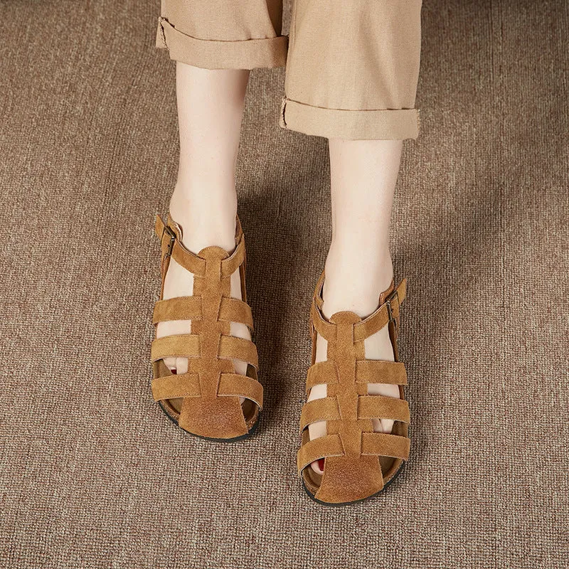 Women Summer Retro Closed Toe Leather Soft Sole Sandals