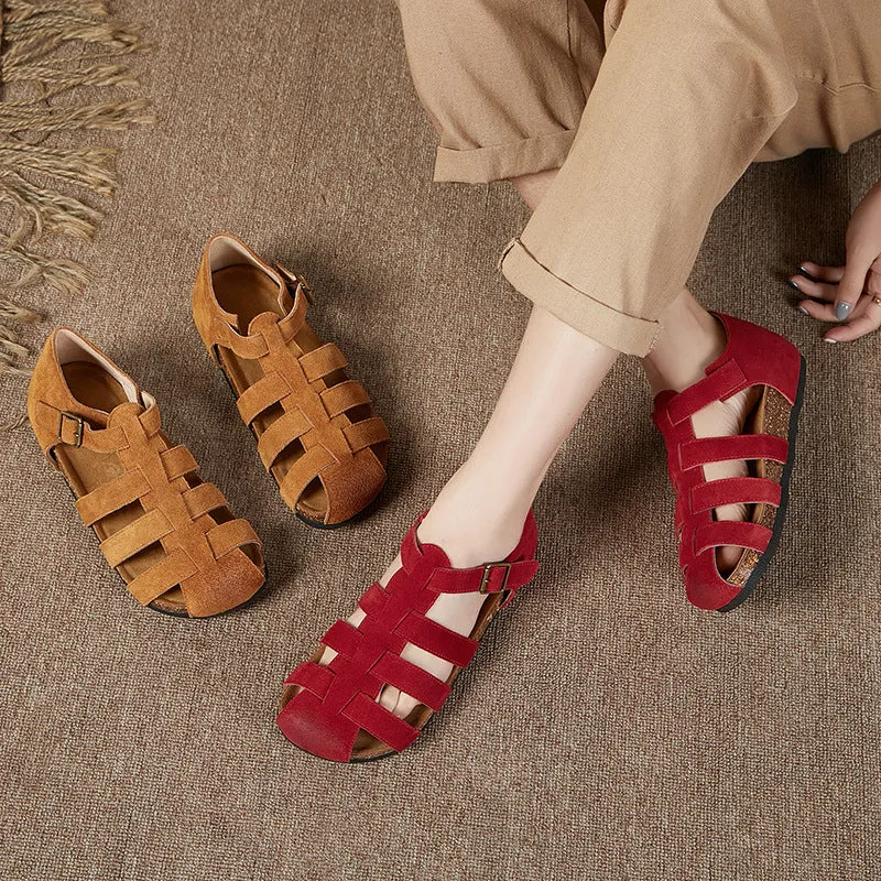 Women Summer Retro Closed Toe Leather Soft Sole Sandals