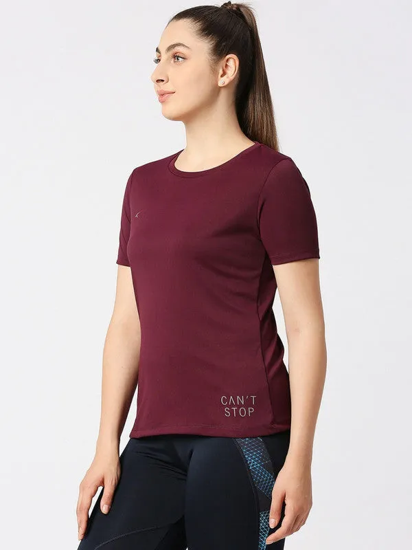 Women Wine Solid Regular Fit Sports T-Shirt - Ventura Tee-WN
