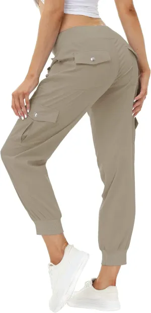 Women'S Lightweight Hiking Cargo Pants Outdoor Quick Dry Casual Travel Sweatpants Joggers Elastic Waist Button Pockets