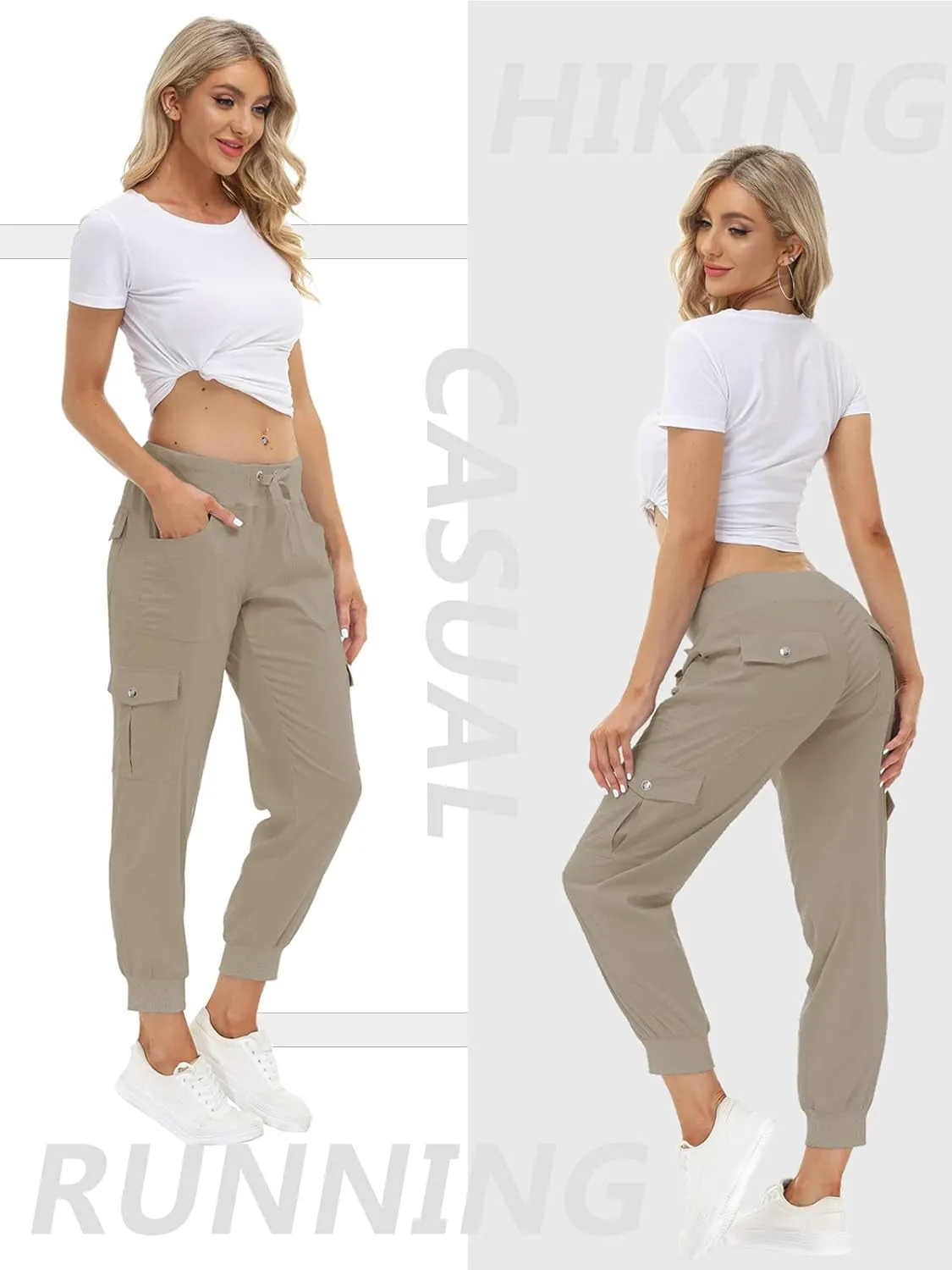 Women'S Lightweight Hiking Cargo Pants Outdoor Quick Dry Casual Travel Sweatpants Joggers Elastic Waist Button Pockets