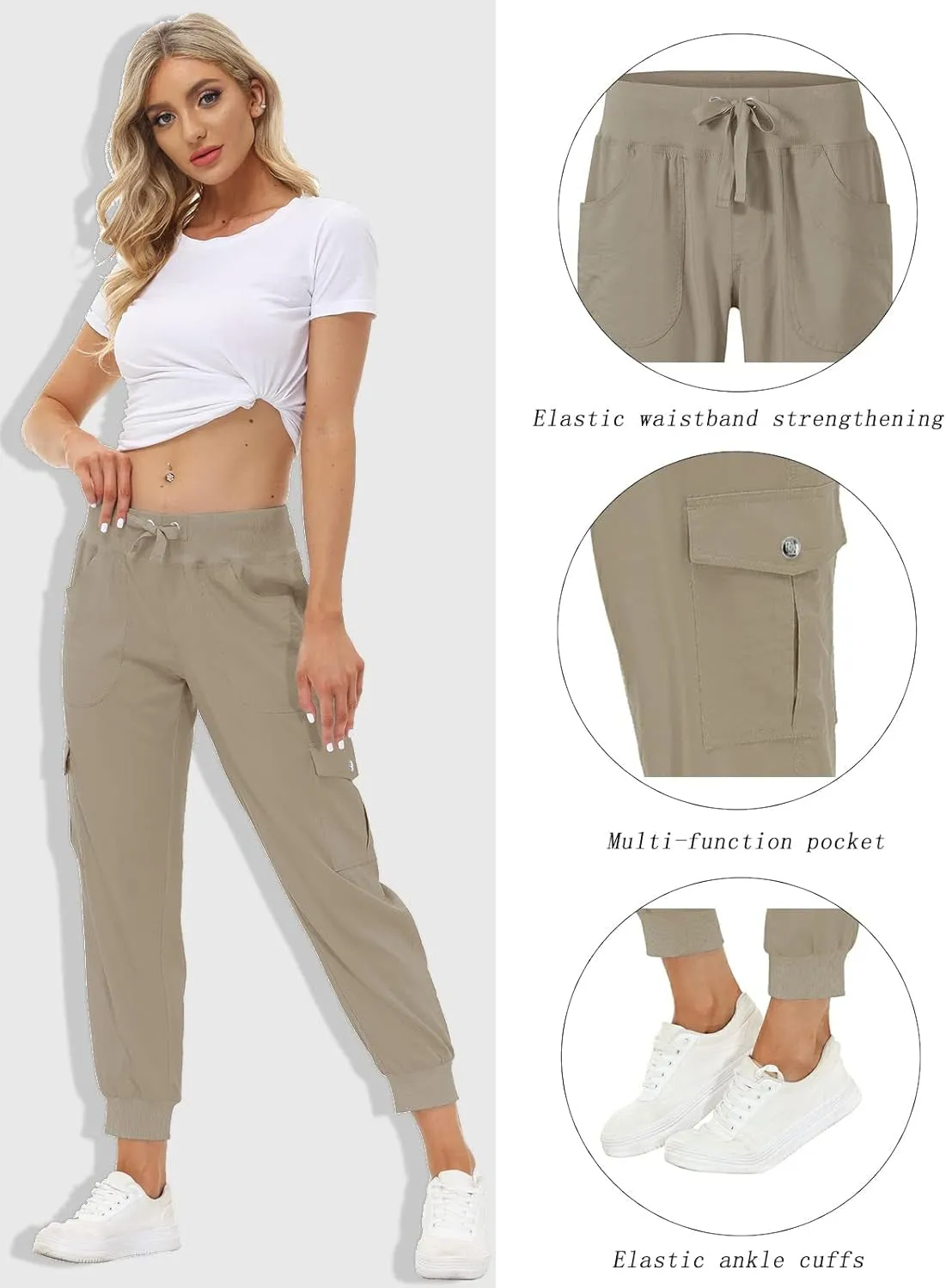 Women'S Lightweight Hiking Cargo Pants Outdoor Quick Dry Casual Travel Sweatpants Joggers Elastic Waist Button Pockets