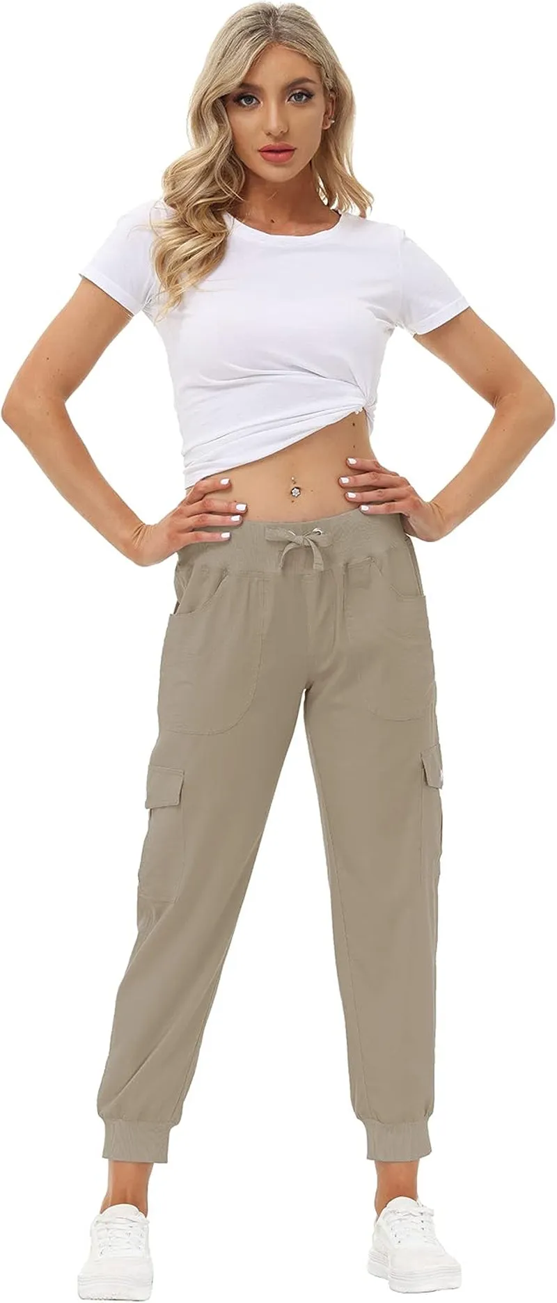 Women'S Lightweight Hiking Cargo Pants Outdoor Quick Dry Casual Travel Sweatpants Joggers Elastic Waist Button Pockets