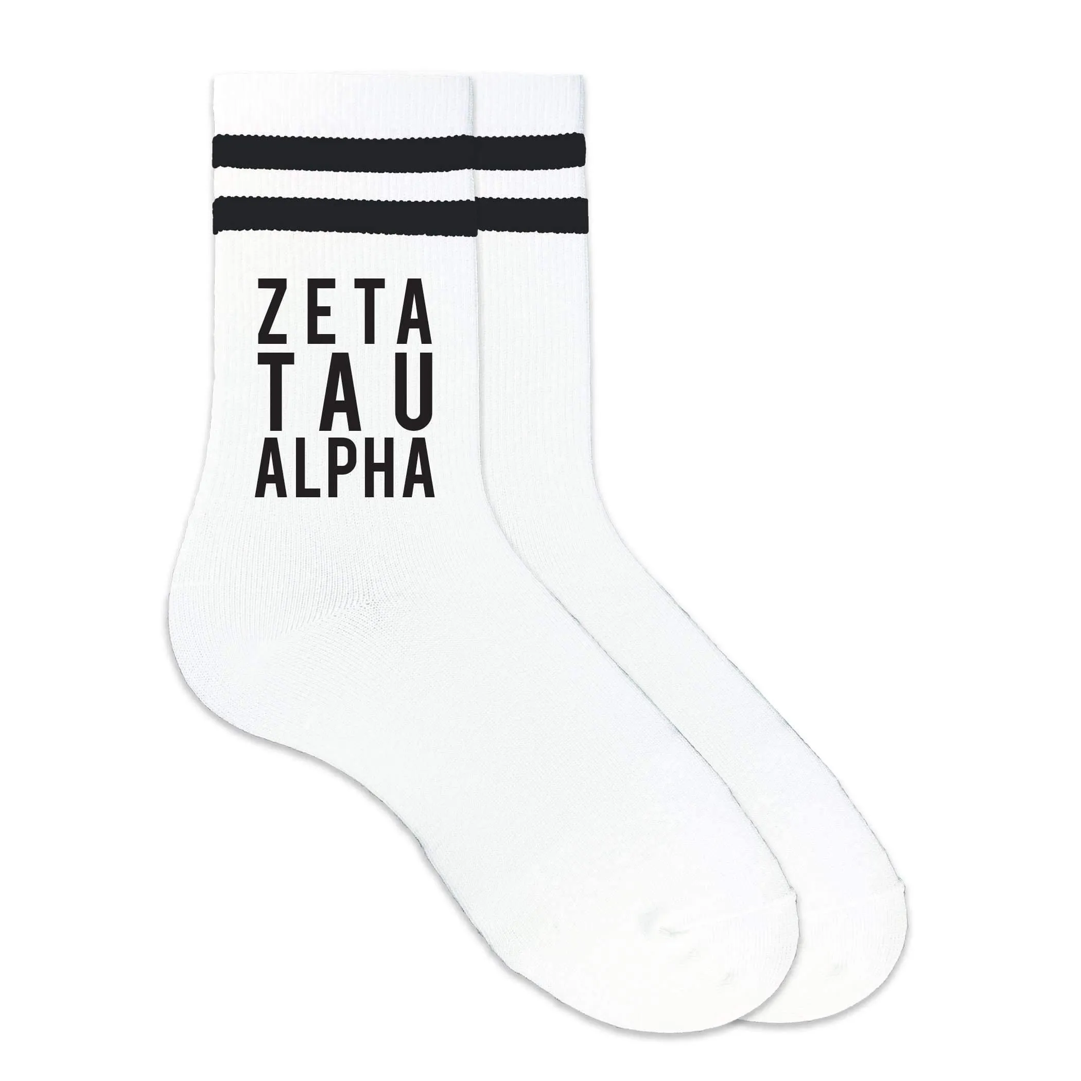 Zeta Tau Alpha Black Writing Striped Crew Socks